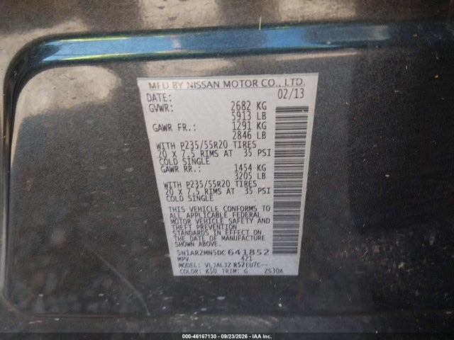 46167130 :رقم المزاد ، 5N1AR2MN5DC641852 vin ، 2013 Nissan Pathfinder Platinum مزاد بيع