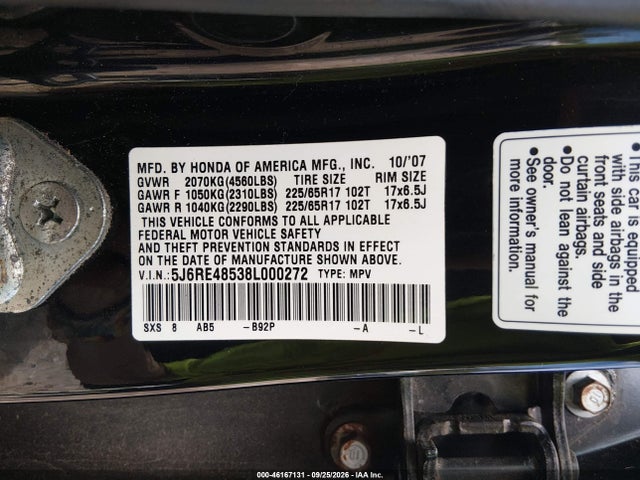 46167131 :رقم المزاد ، 5J6RE48538L000272 vin ، 2008 Honda Cr-v Ex مزاد بيع