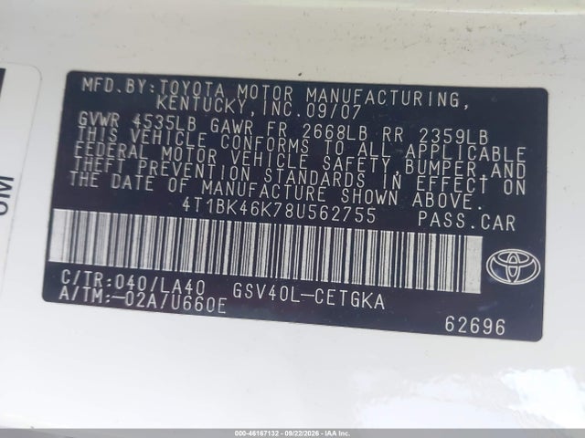 Продаж на аукціоні авто 2008 Toyota Camry Xle V6, vin: 4T1BK46K78U562755, номер лоту: 46167132