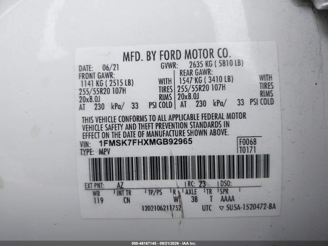 46167145 :رقم المزاد ، 1FMSK7FHXMGB92965 vin ، 2021 Ford Explorer Limited مزاد بيع