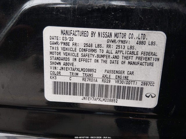 Aukcja sprzedaży 2020 Infiniti Q50 Luxe, vin: JN1EV7APXLM208852, numer aukcji: 46167150
