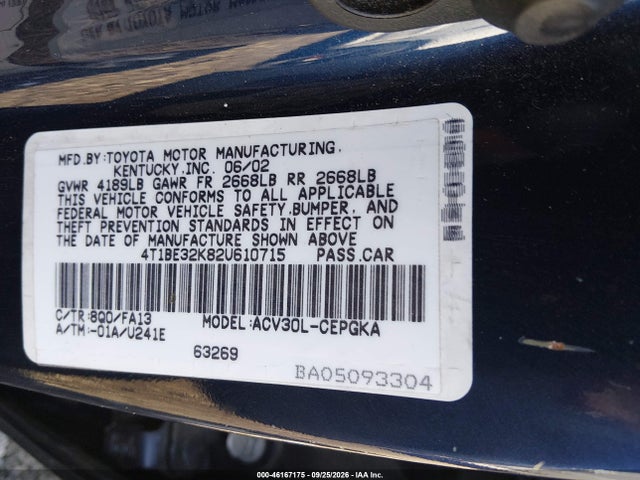 46167175 :رقم المزاد ، 4T1BE32K82U610715 vin ، 2002 Toyota Camry Xle مزاد بيع