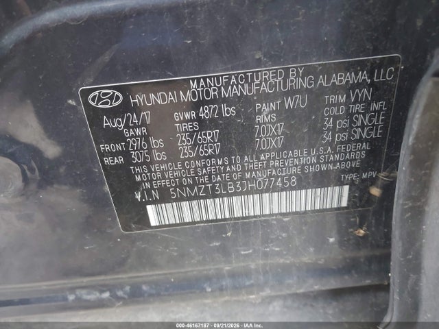 46167187 :رقم المزاد ، 5NMZT3LB3JH077458 vin ، 2018 Hyundai Santa Fe Sport 2.4l مزاد بيع
