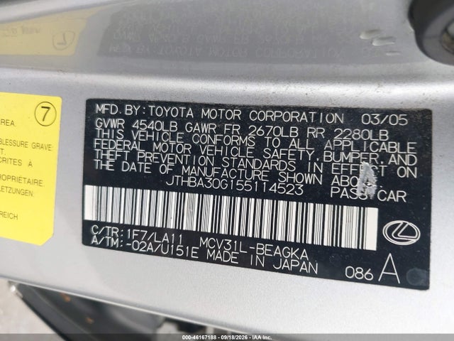 2005 Lexus Es 330 მანქანა იყიდება აუქციონზე, vin: JTHBA30G155114523, აუქციონის ნომერი: 46167188