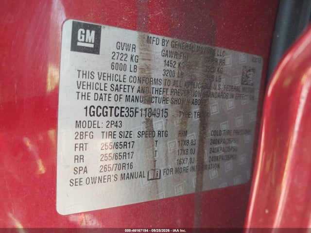 Продажа на аукционе авто 2015 Chevrolet Colorado Z71, vin: 1GCGTCE35F1184915, номер лота: 46167194