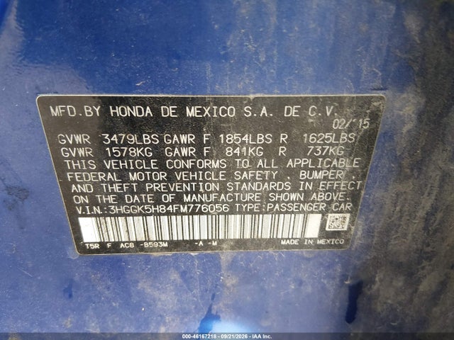 Продаж на аукціоні авто 2015 Honda Fit Ex/ex-l, vin: 3HGGK5H84FM776056, номер лоту: 46167218