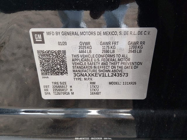 Продажа на аукционе авто 2020 Chevrolet Equinox Fwd Lt 1.5l Turbo, vin: 3GNAXKEV1LL243573, номер лота: 46167232
