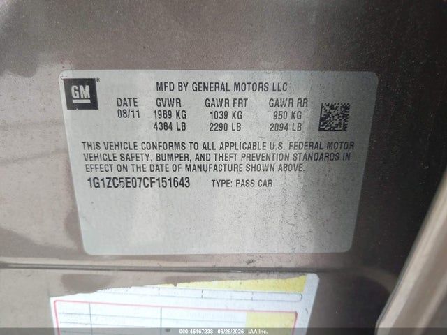 Продаж на аукціоні авто 2012 Chevrolet Malibu 1lt, vin: 1G1ZC5E07CF151643, номер лоту: 46167238