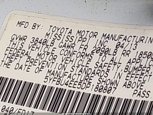 46167251 :رقم المزاد ، 5YFBU4EE5DP180807 vin ، 2013 Toyota Corolla S مزاد بيع