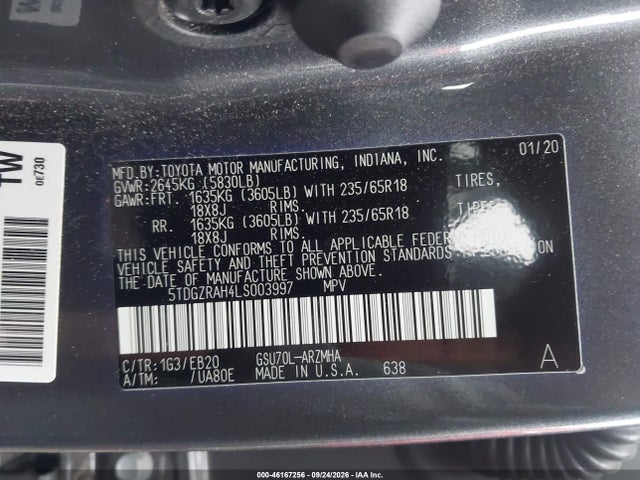 Aukcja sprzedaży 2020 Toyota Highlander Xle, vin: 5TDGZRAH4LS003997, numer aukcji: 46167256