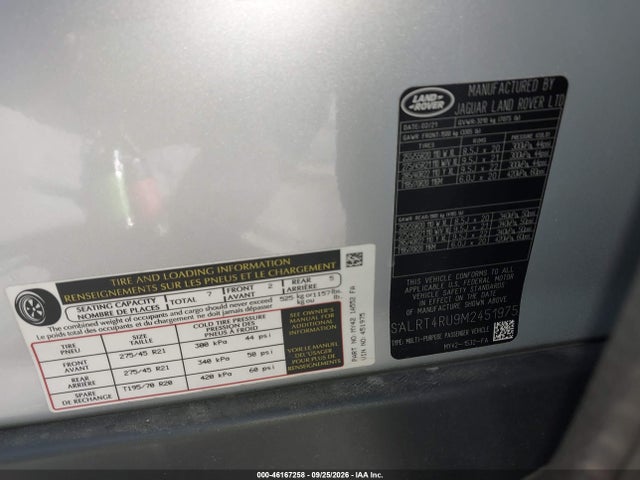 Aukcja sprzedaży 2021 Land Rover Discovery P360 S R-dynamic, vin: SALRT4RU9M2451975, numer aukcji: 46167258