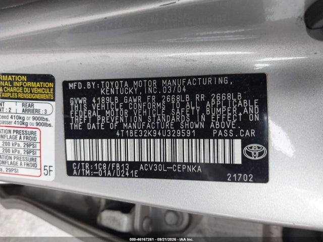 Продажа на аукционе авто 2004 Toyota Camry Le, vin: 4T1BE32K94U329591, номер лота: 46167261