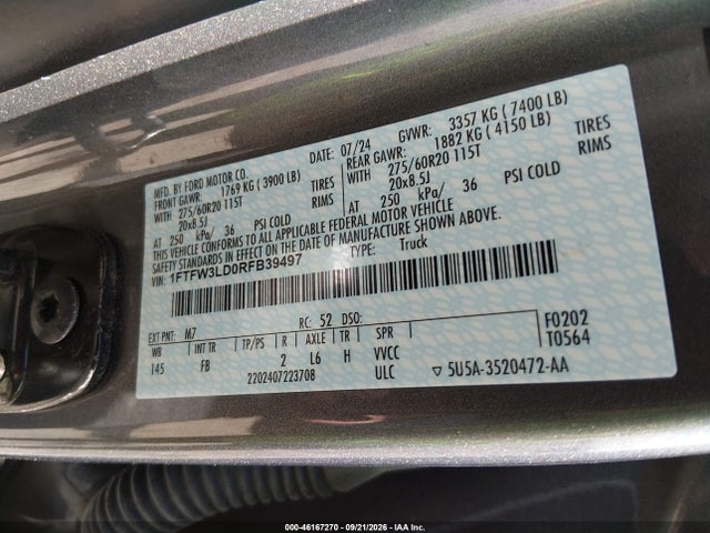 46167270 :رقم المزاد ، 1FTFW3LD0RFB39497 vin ، 2024 Ford F-150 Xlt مزاد بيع