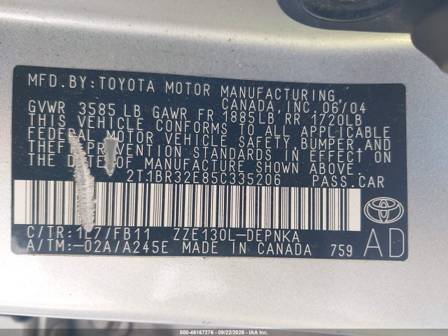 46167276 :رقم المزاد ، 2T1BR32E85C335206 vin ، 2005 Toyota Corolla Le مزاد بيع