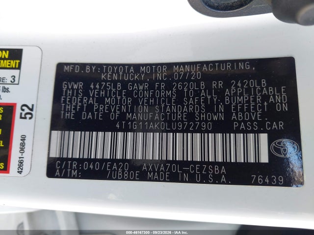 Продажа на аукционе авто 2020 Toyota Camry Se, vin: 4T1G11AK0LU972790, номер лота: 46167300