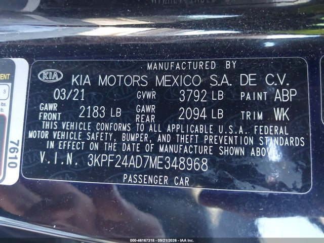2021 Kia Forte Lxs მანქანა იყიდება აუქციონზე, vin: 3KPF24AD7ME348968, აუქციონის ნომერი: 46167318