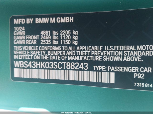 46167340 :رقم المزاد ، WBS43HK03SCT88243 vin ، 2025 Bmw M4 Cs مزاد بيع