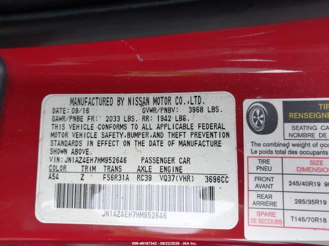 Aukcja sprzedaży 2017 Nissan 370z Nismo Tech, vin: JN1AZ4EH7HM952646, numer aukcji: 46167342