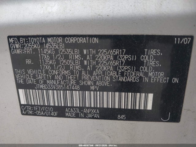 Продаж на аукціоні авто 2008 Toyota Rav4, vin: JTMBD33V385147448, номер лоту: 46167346