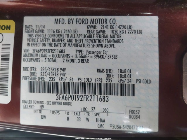 Продажа на аукционе авто 2015 Ford Fusion Se, vin: 3fa6p0t92fr211683, номер лота: 46167354