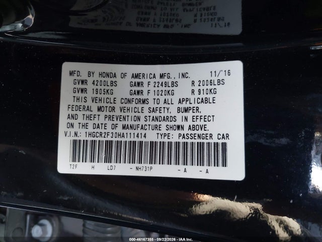 Honda ACCORD LX 2017 1HGCR2F30HA111414 Image 9