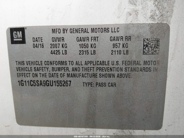 Aukcja sprzedaży 2016 Chevrolet Malibu Limited Lt, vin: 1G11C5SA9GU155267, numer aukcji: 46167359