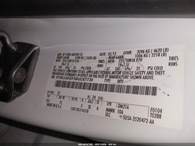 46167362 :رقم المزاد ، 1FMCU0GX1DUC67730 vin ، 2013 Ford Escape Se مزاد بيع