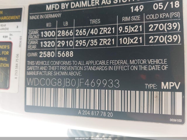 Aukcja sprzedaży 2018 Mercedes-benz Amg Glc 63 4matic, vin: WDC0G8JB0JF469933, numer aukcji: 46167367