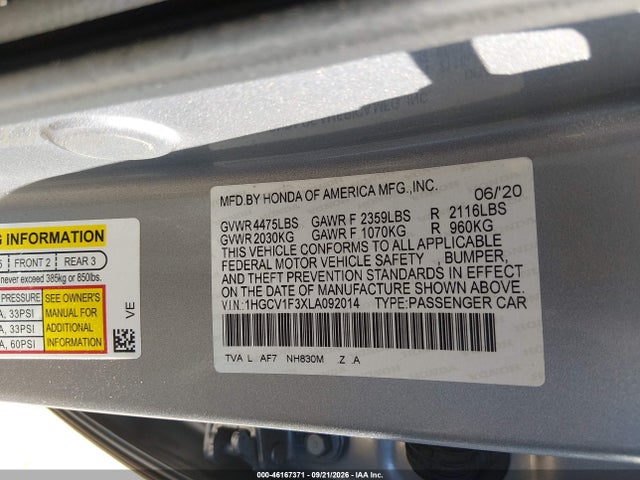 2020 Honda Accord Sport მანქანა იყიდება აუქციონზე, vin: 1HGCV1F3XLA092014, აუქციონის ნომერი: 46167371
