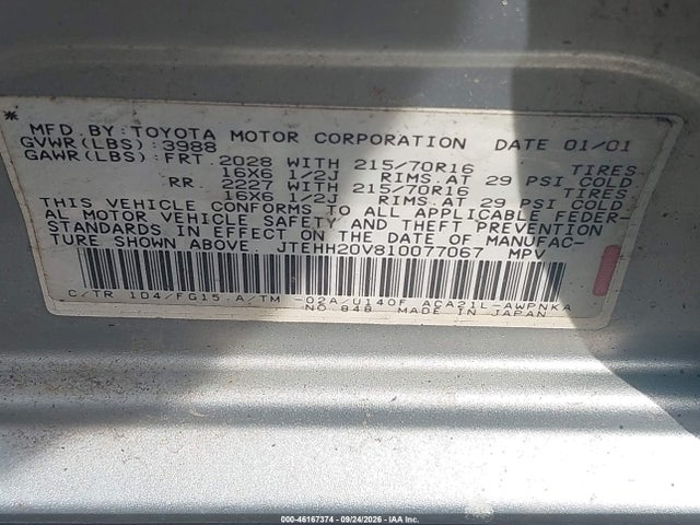 Продаж на аукціоні авто 2001 Toyota Rav4, vin: JTEHH20V810077067, номер лоту: 46167374