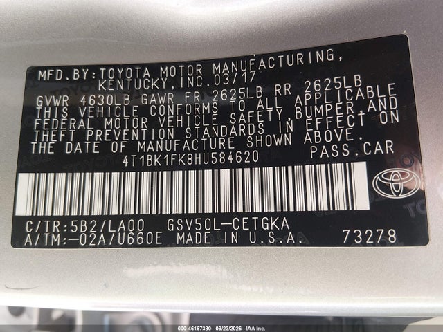 2017 Toyota Camry Xle V6 მანქანა იყიდება აუქციონზე, vin: 4T1BK1FK8HU584620, აუქციონის ნომერი: 46167380