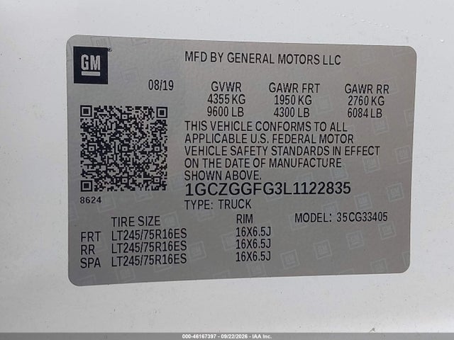 2020 Chevrolet Express Cargo Rwd 3500 Regular Wheelbase Wt მანქანა იყიდება აუქციონზე, vin: 1GCZGGFG3L1122835, აუქციონის ნომერი: 46167397