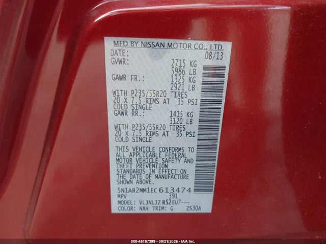 2014 Nissan Pathfinder Platinum მანქანა იყიდება აუქციონზე, vin: 5N1AR2MM1EC613474, აუქციონის ნომერი: 46167399