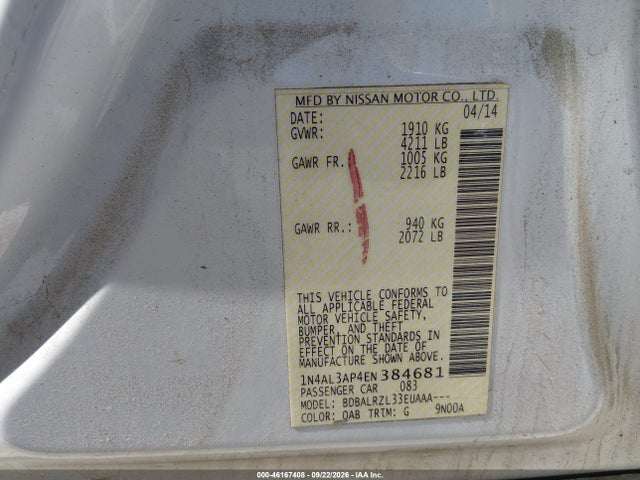 Aukcja sprzedaży 2014 Nissan Altima 2.5 S, vin: 1N4AL3AP4EN384681, numer aukcji: 46167408