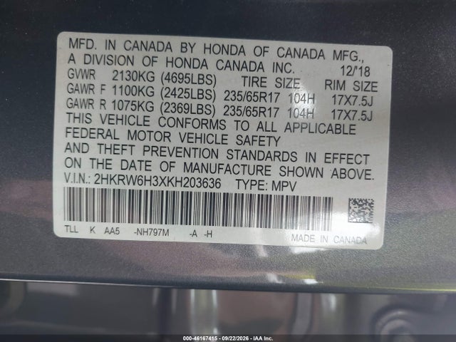 46167415 :رقم المزاد ، 2HKRW6H3XKH203636 vin ، 2019 Honda Cr-v Lx مزاد بيع