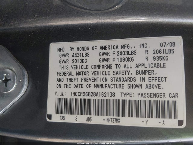 Продажа на аукционе авто 2008 Honda Accord 2.4 Ex-l, vin: 1HGCP26828A162138, номер лота: 46167420