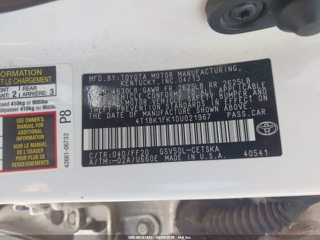 46167483 :رقم المزاد ، 4T1BK1FK1DU021967 vin ، 2013 Toyota Camry Se V6 مزاد بيع