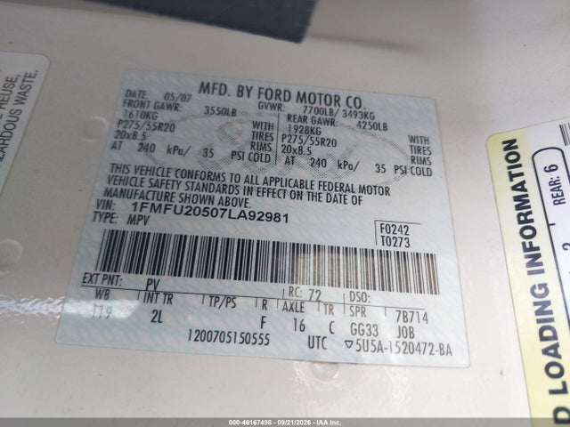 Auction sale of the 2007 Ford Expedition Limited, vin: 1FMFU20507LA92981, lot number: 46167498