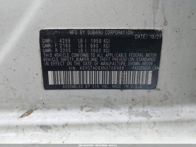 2022 Subaru Impreza Premium 5-door მანქანა იყიდება აუქციონზე, vin: 4S3GTAD6XN3706988, აუქციონის ნომერი: 46167532