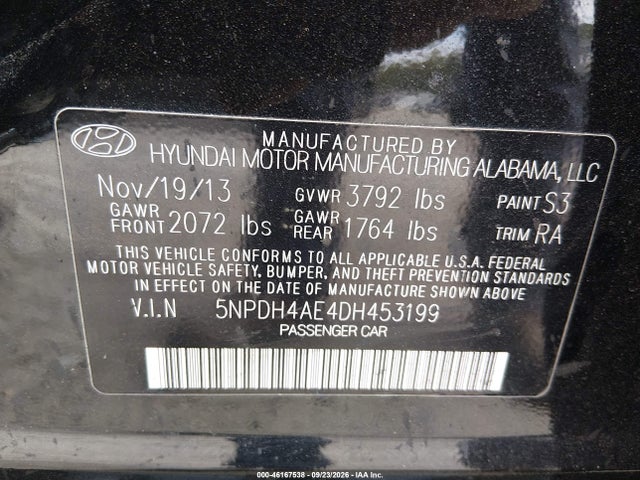 Продажа на аукционе авто 2013 Hyundai Elantra Gls, vin: 5NPDH4AE4DH453199, номер лота: 46167538