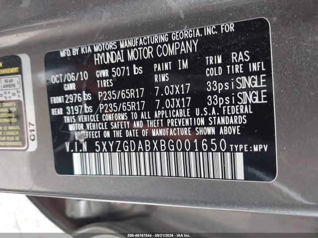 46167544 :رقم المزاد ، 5XYZGDABXBG001650 vin ، 2011 Hyundai Santa Fe Gls مزاد بيع