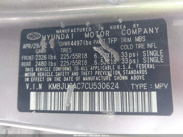 Продаж на аукціоні авто 2012 Hyundai Tucson Limited, vin: KM8JU3AC7CU530624, номер лоту: 46167547