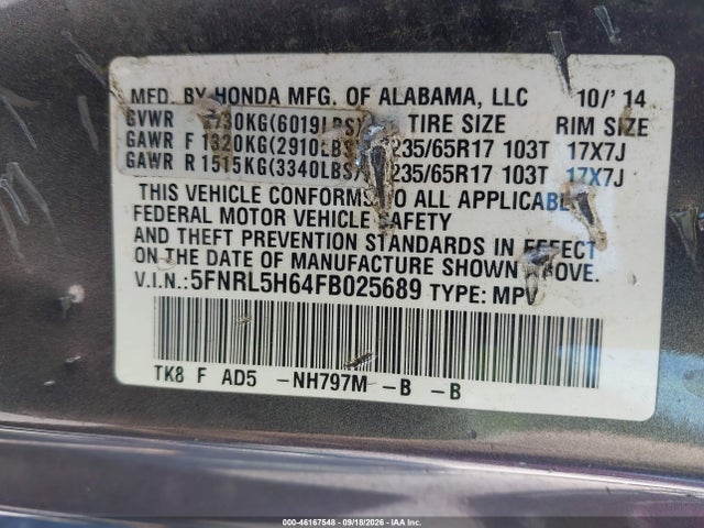 Honda Odyssey Ex-l 2015 5FNRL5H64FB025689 Image 9