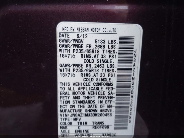 46167559 :رقم المزاد ، JN8AZ1MU3DW200455 vin ، 2013 Nissan Murano Sl مزاد بيع