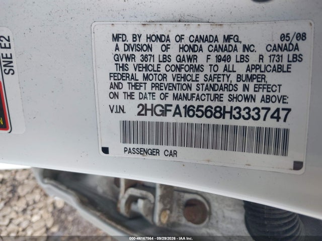 Aukcja sprzedaży 2008 Honda Civic Lx, vin: 2HGFA16568H333747, numer aukcji: 46167564