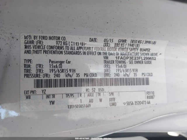 Продажа на аукционе авто 2015 Ford Focus S, vin: 1FADP3E23FL299652, номер лота: 46167565