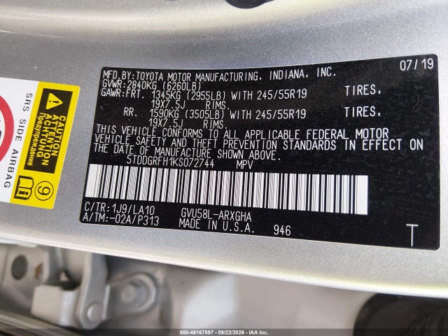 Продаж на аукціоні авто 2019 Toyota Highlander Hybrid Limited, vin: 5TDDGRFH1KS072744, номер лоту: 46167597
