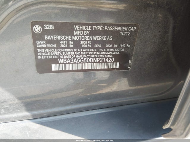 Aukcja sprzedaży 2013 Bmw 328i, vin: WBA3A5G50DNP21420, numer aukcji: 46167598