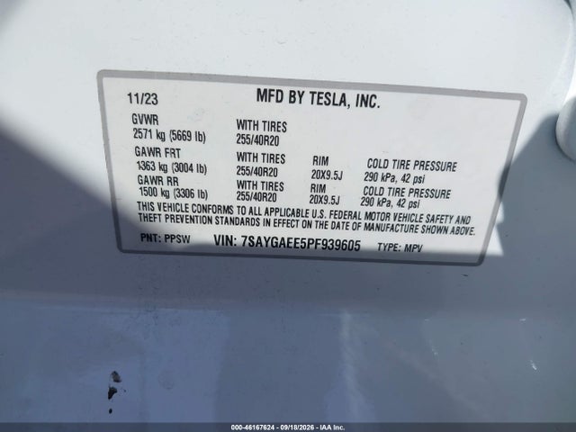46167624 :رقم المزاد ، 7SAYGAEE5PF939605 vin ، 2023 Tesla Model Y Awd/long Range Dual Motor All-wheel Drive مزاد بيع