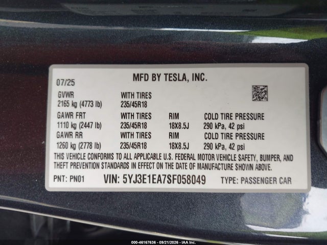 5YJ3E1EA7SF058049 Tesla Model 3 Long Range Rear-wheel Drive/standard Rear-wheel Drive
